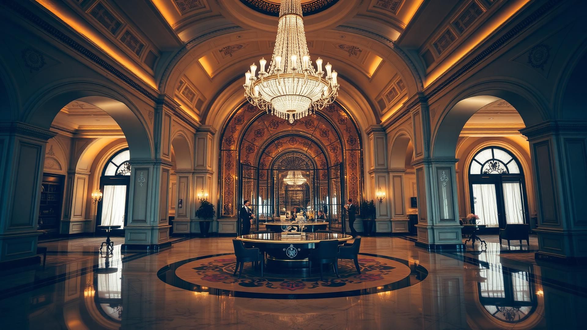 Grand hotel lobby with chandelier